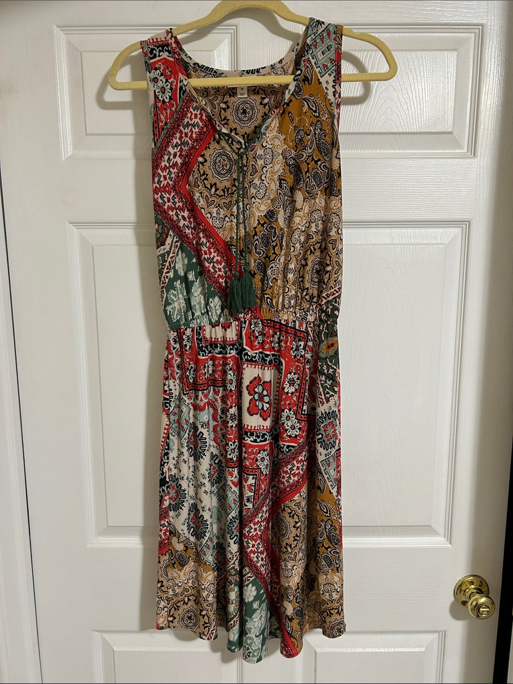 Style & Co. Sleeveless Patchwork Midi Dress in Red, Mustard, Green, Cream
